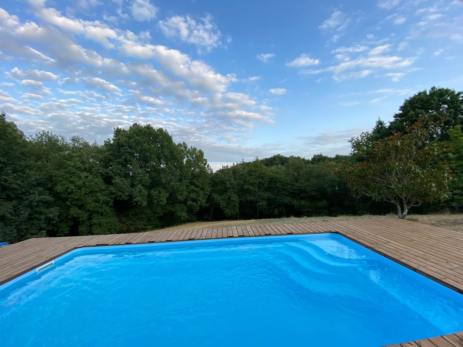 La piscine, sa terrasse en bois et la forêt sous un ciel d’été