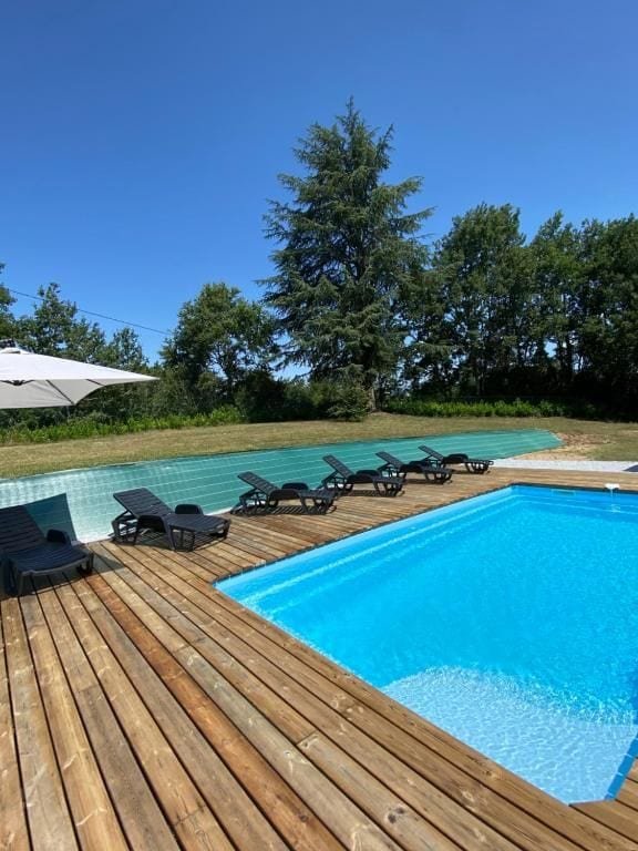 La piscine et sa terrasse bordée de transats